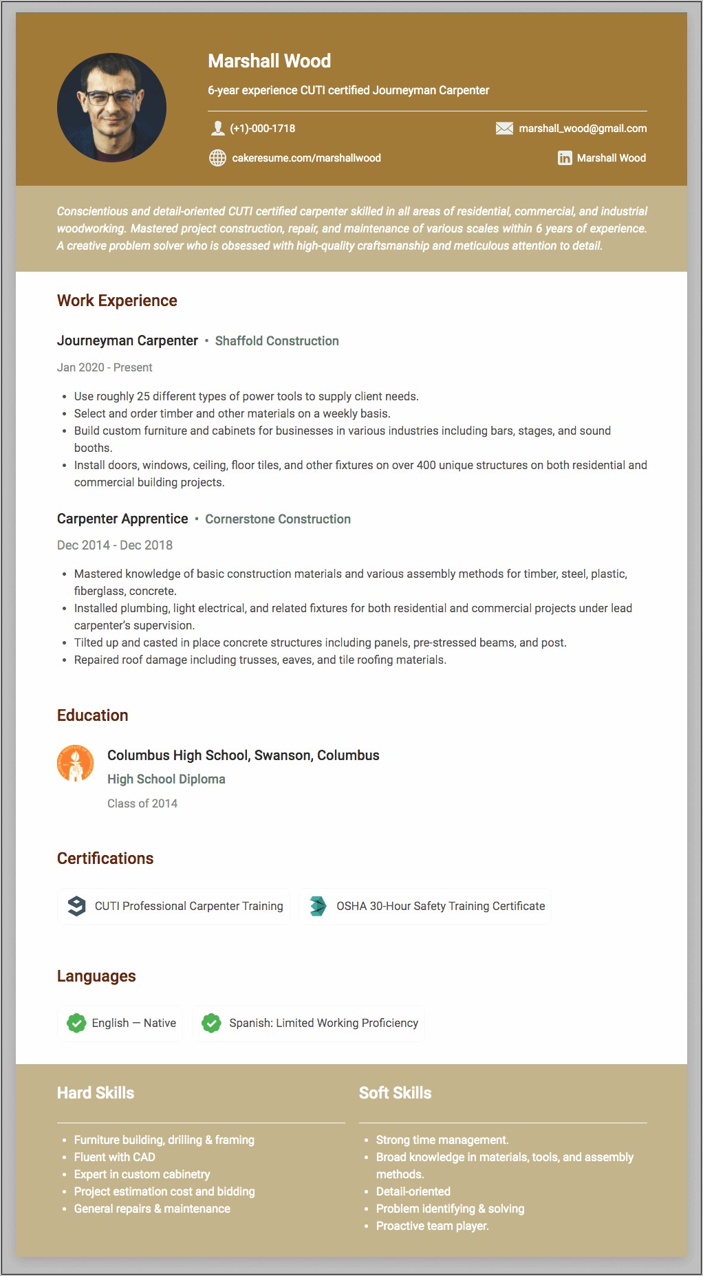 Sample Resume For Construction Carpenter