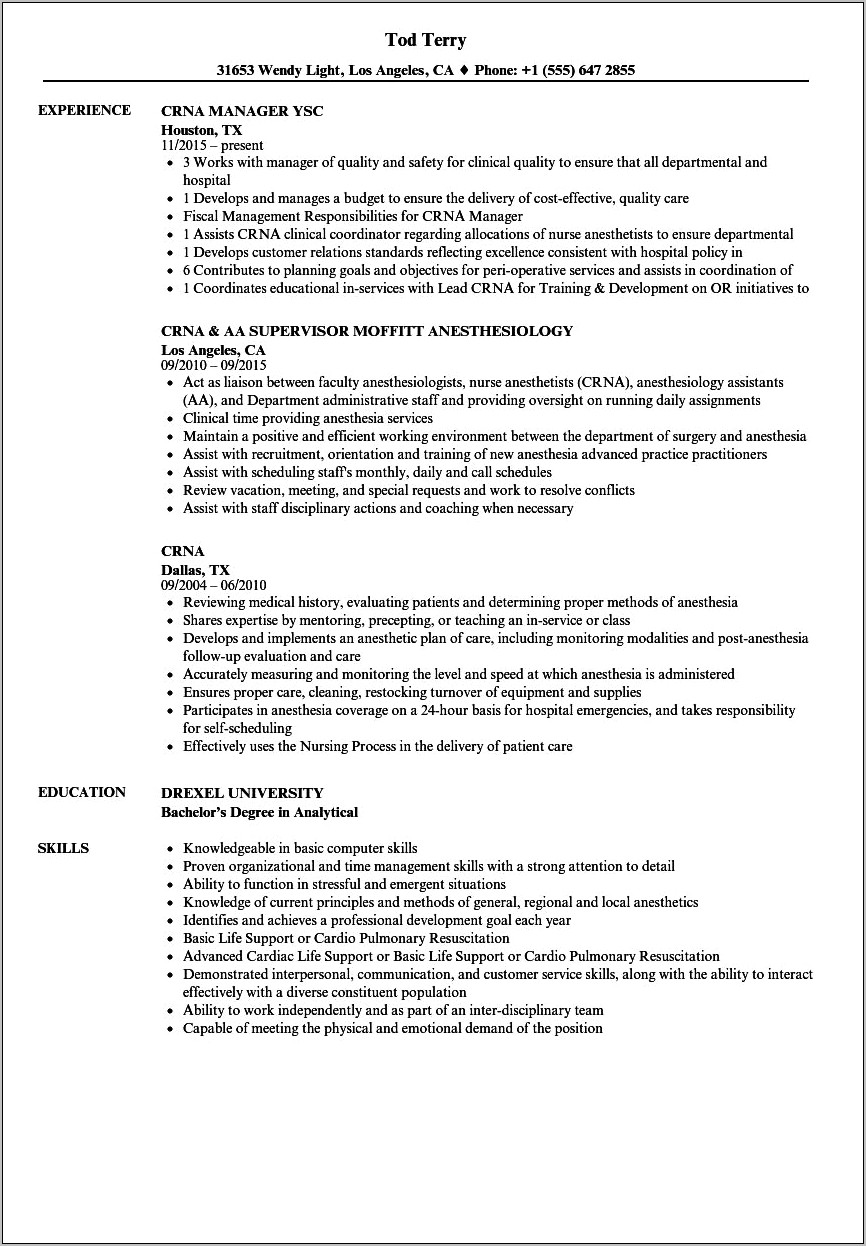 Sample Resume For Crna School