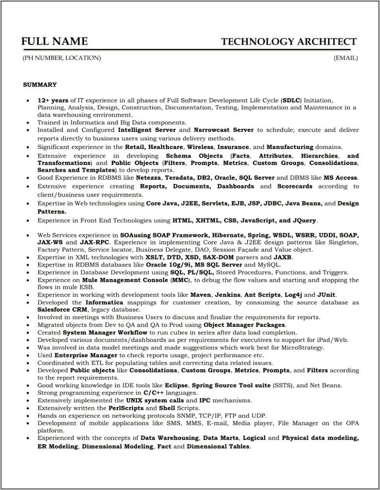 Sample Resume For Database Architect