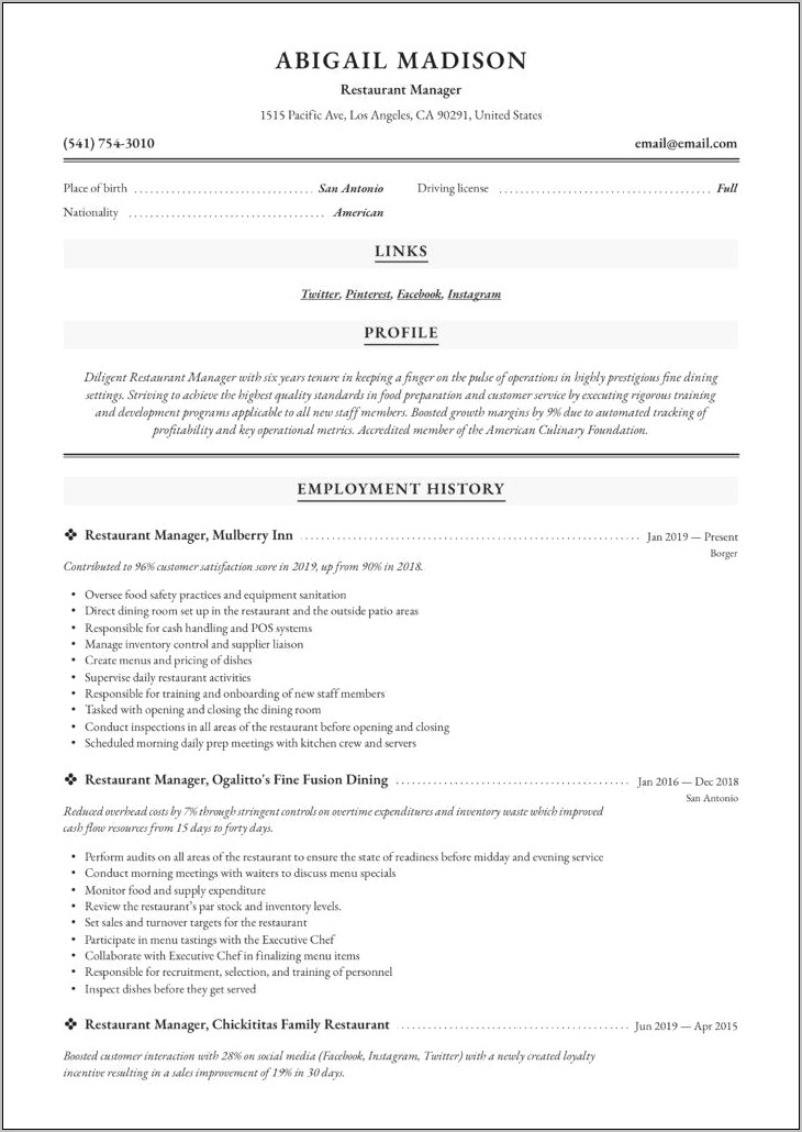 Sample Resume For Dining Supervisor