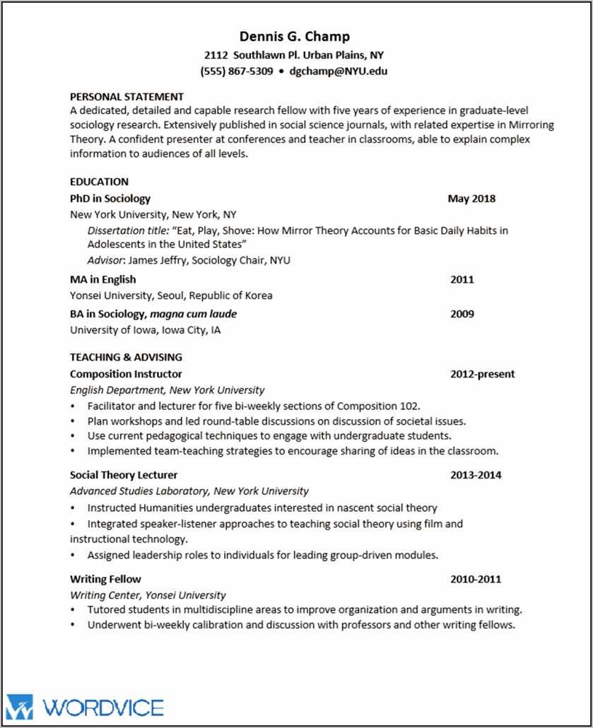 Sample Resume For Doctoral Program