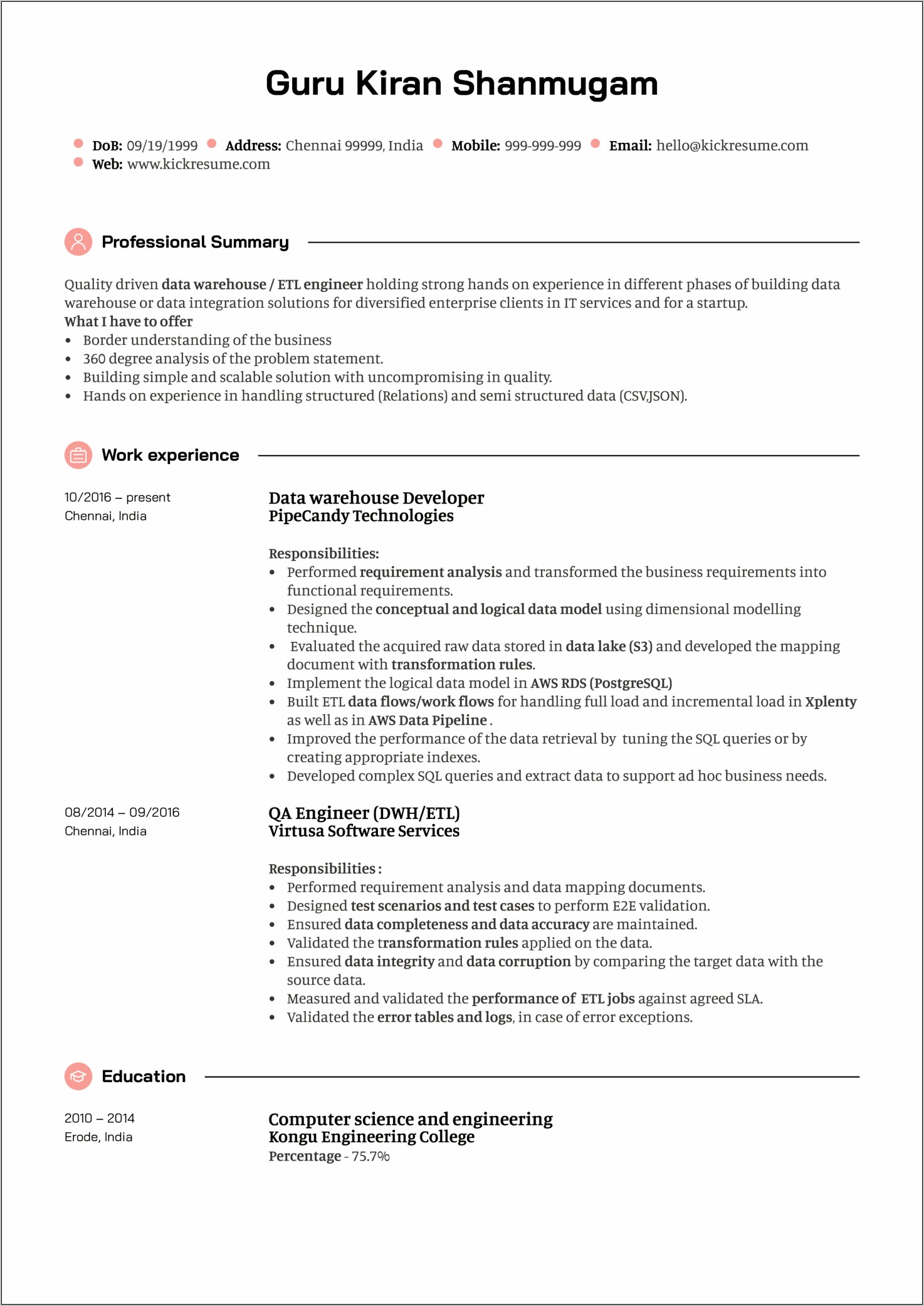 Sample Resume For Etl Developer