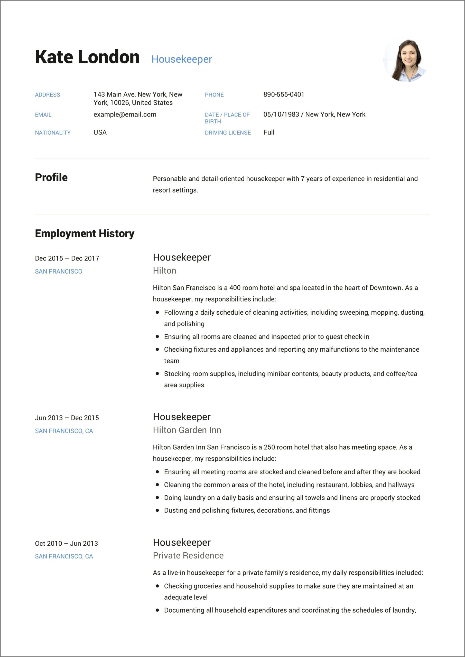 Sample Resume For Experienced Housekeeper