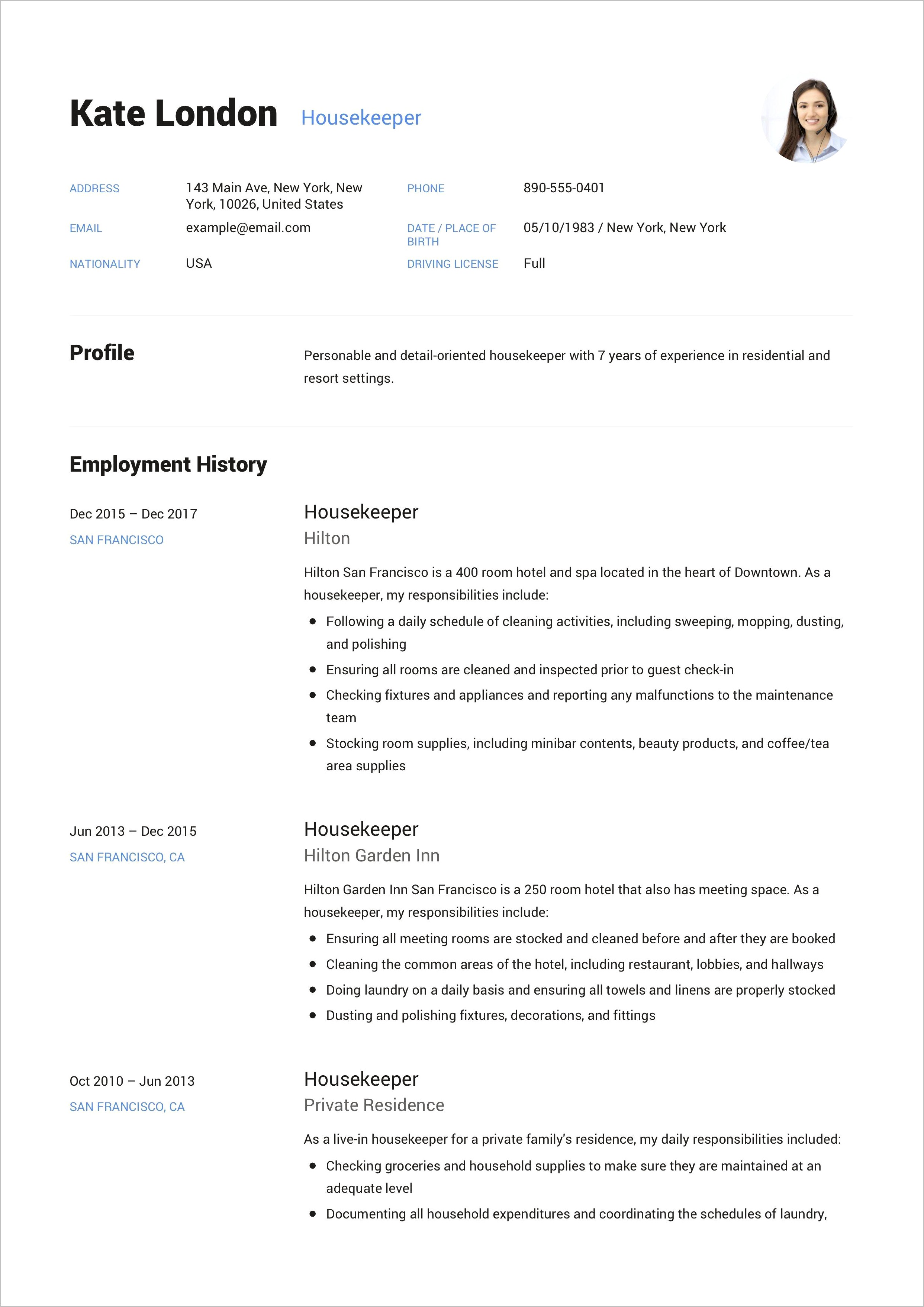 Sample Resume For Experienced Housekeeper