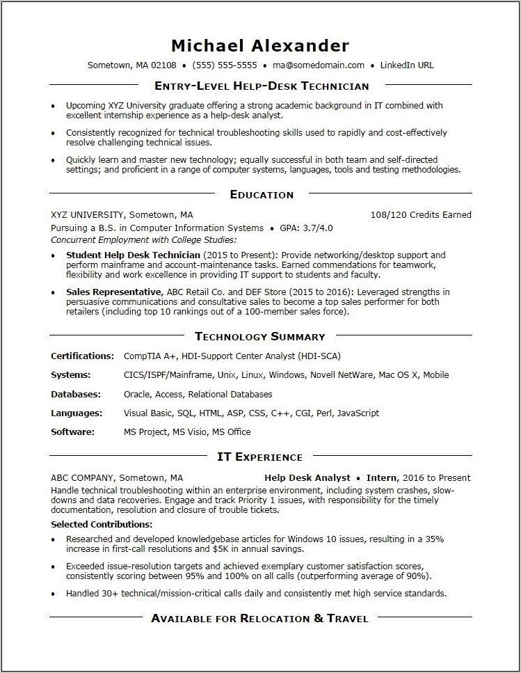 Sample Resume For Field Technician