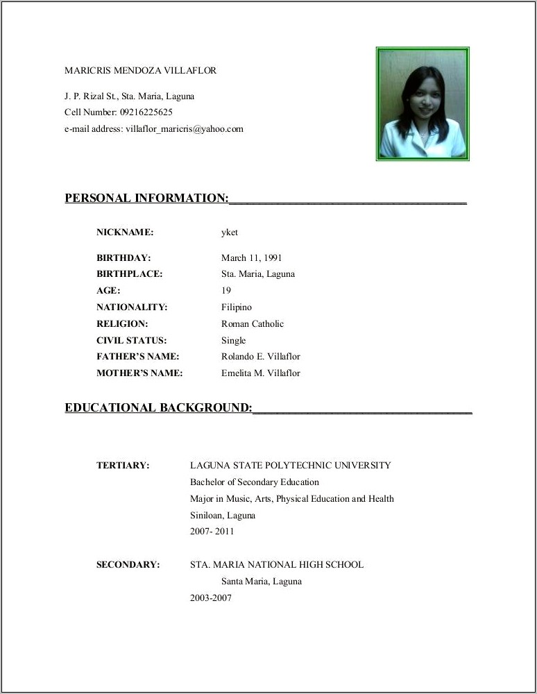 Sample Resume For Filipino Teachers