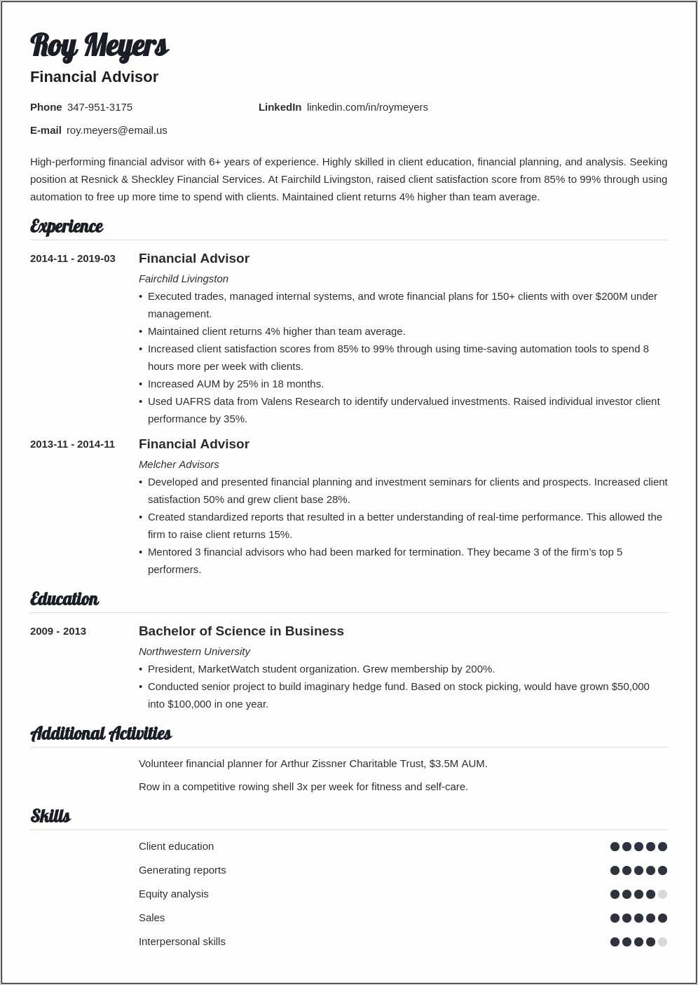 Sample Resume For Financial Institution