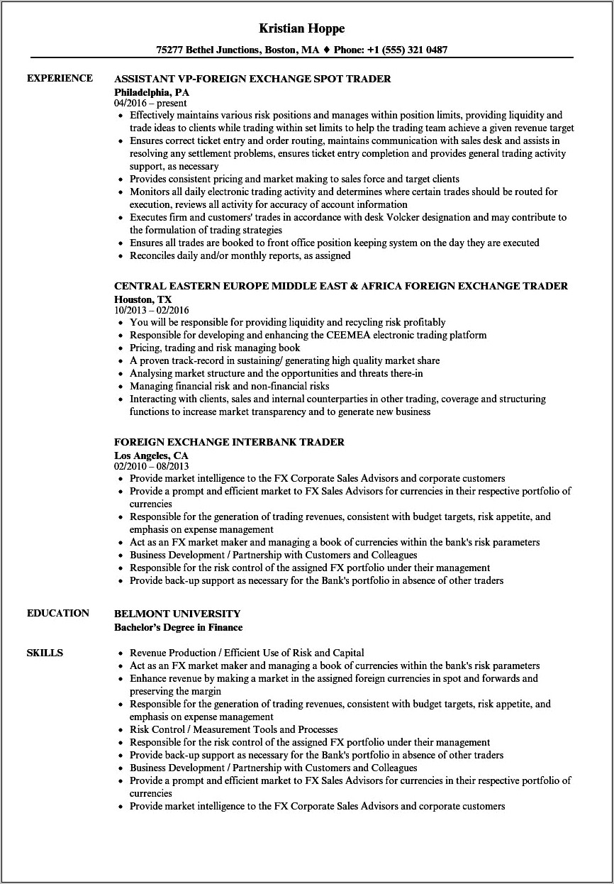 Sample Resume For Forex Manager