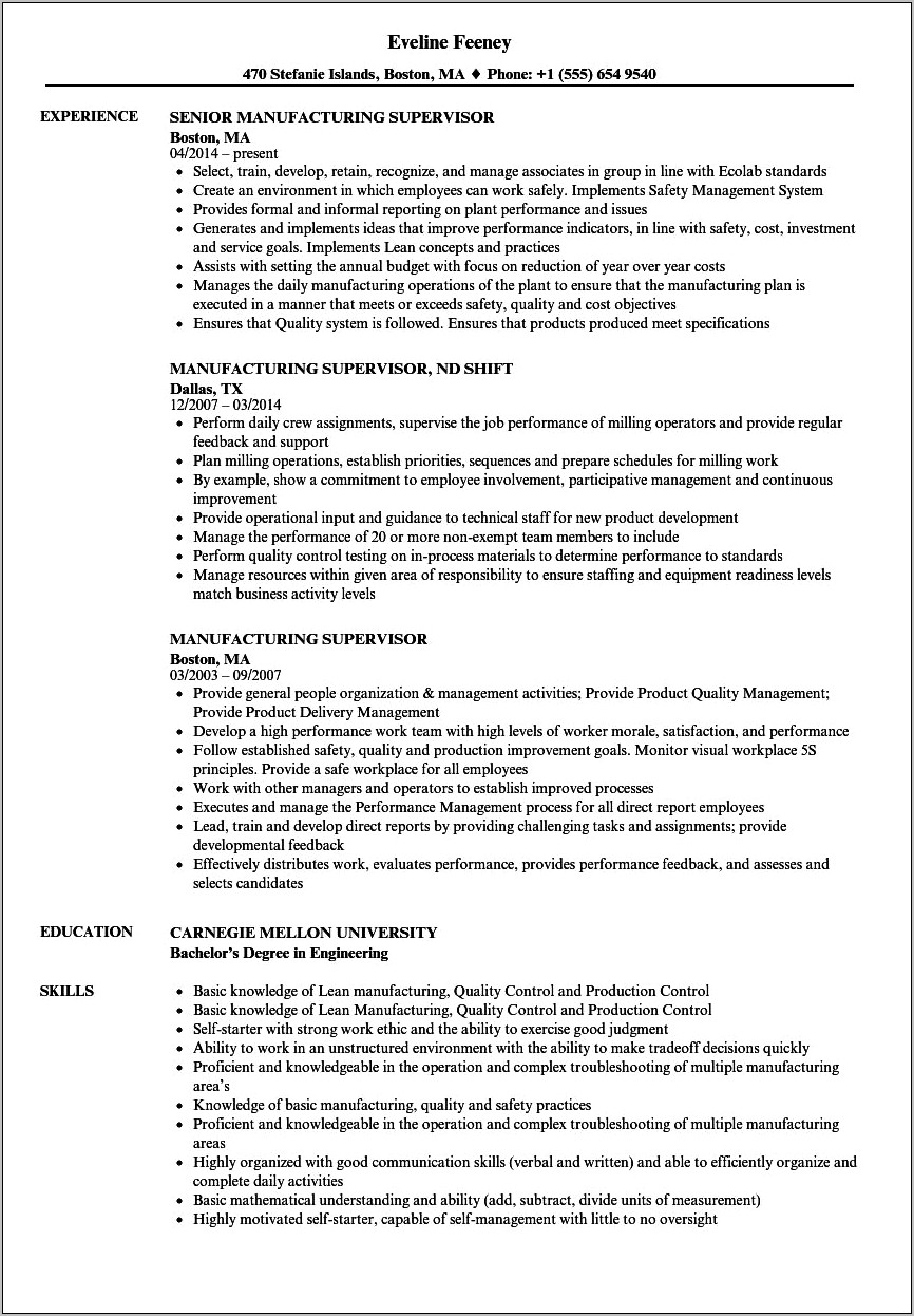 Sample Resume For Foundry Supervisor