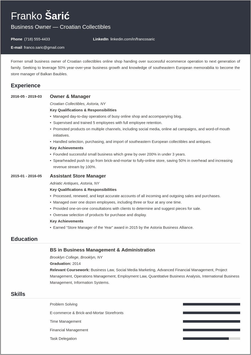 Sample Resume For Franchise Application