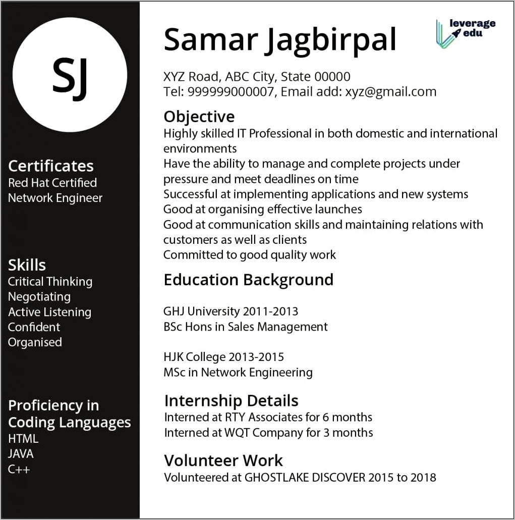 Sample Resume For Freshers 2018