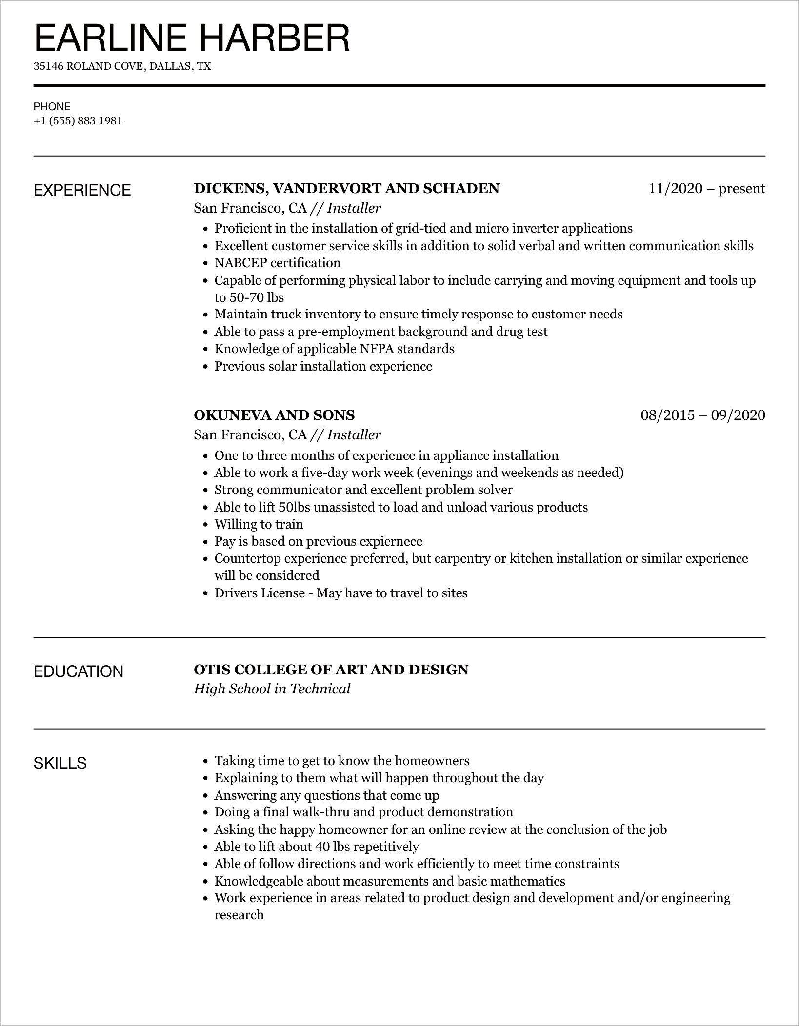 Sample Resume For Glass Installer