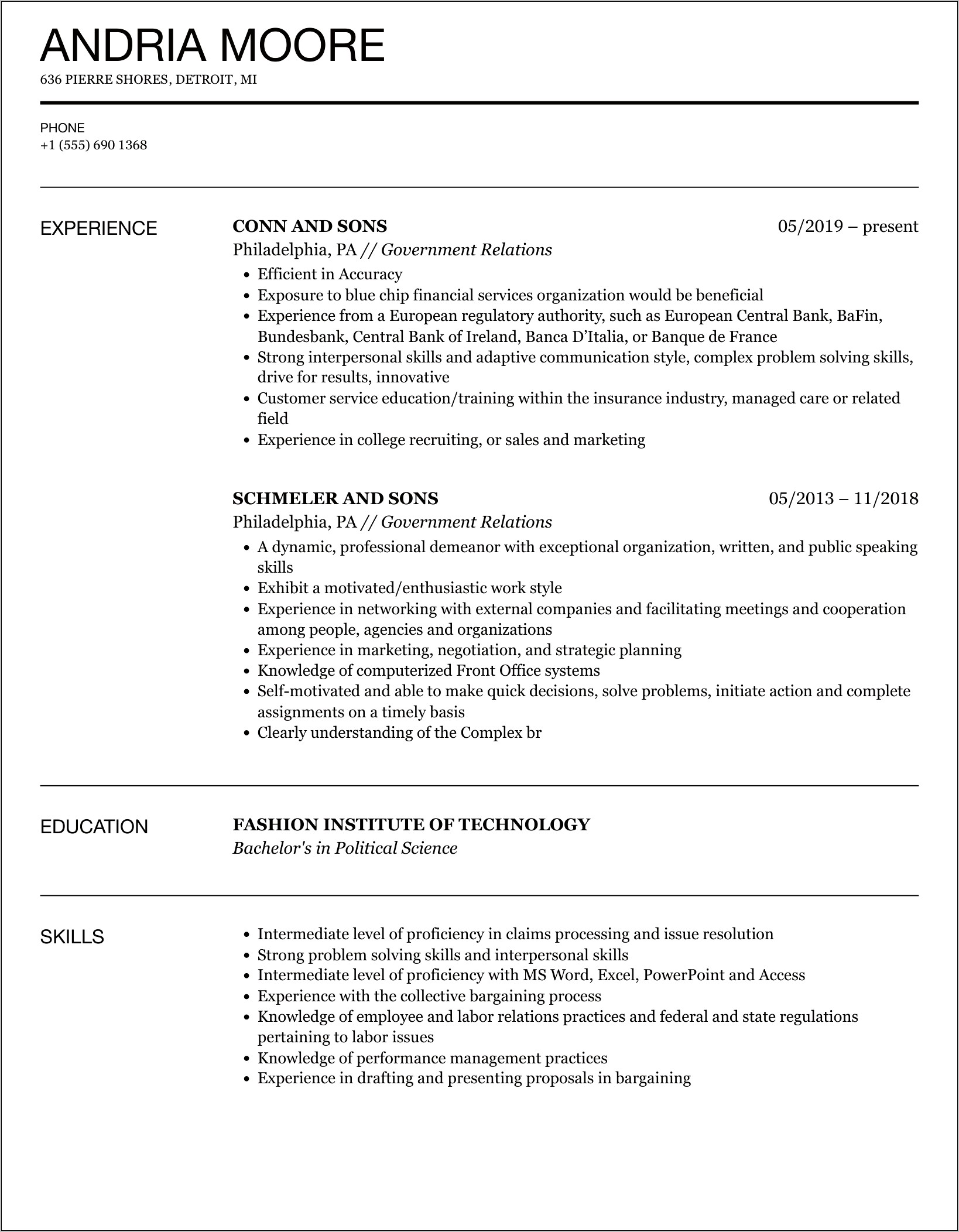 Sample Resume For Government Employee