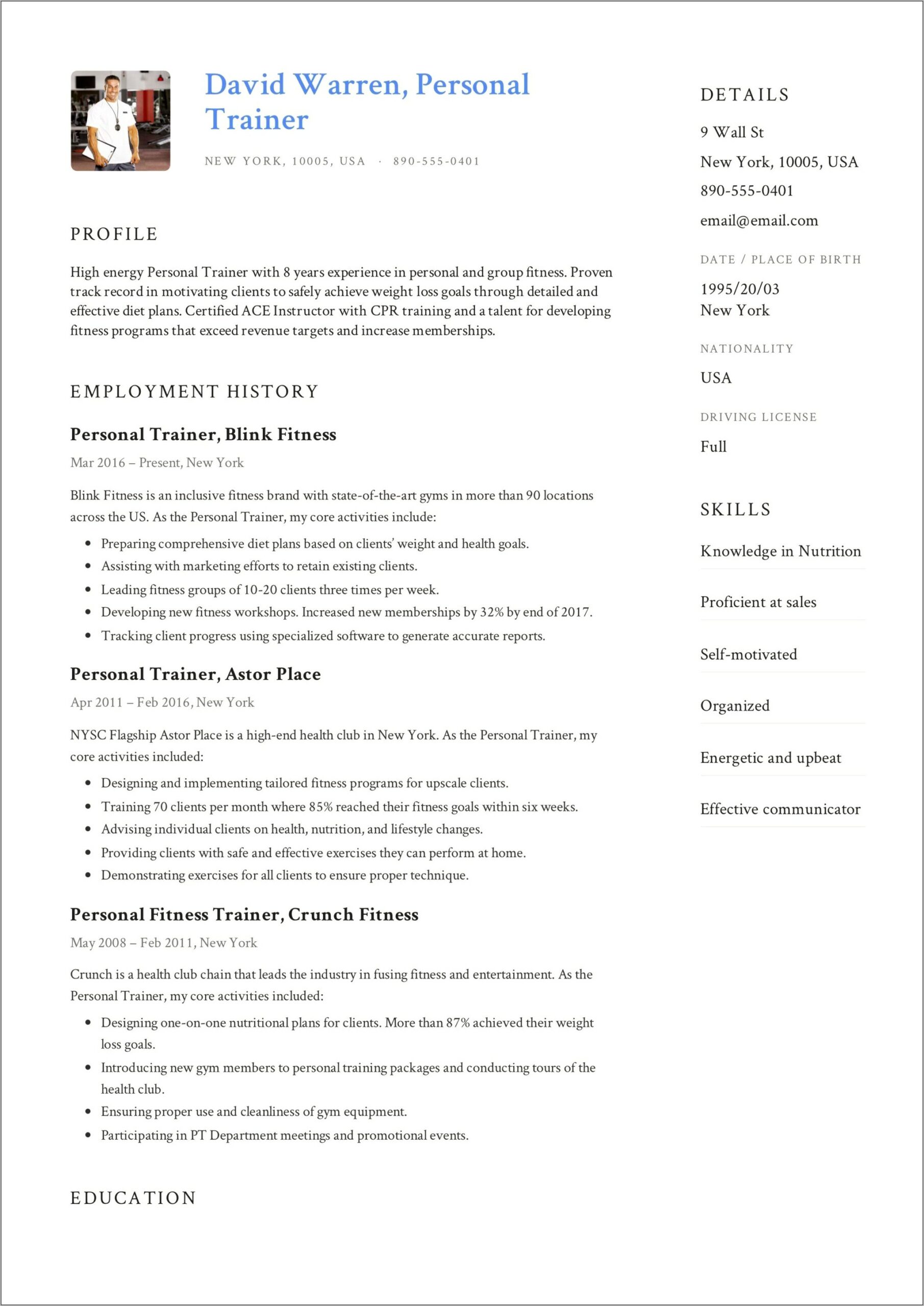 Sample Resume For Gym Trainer