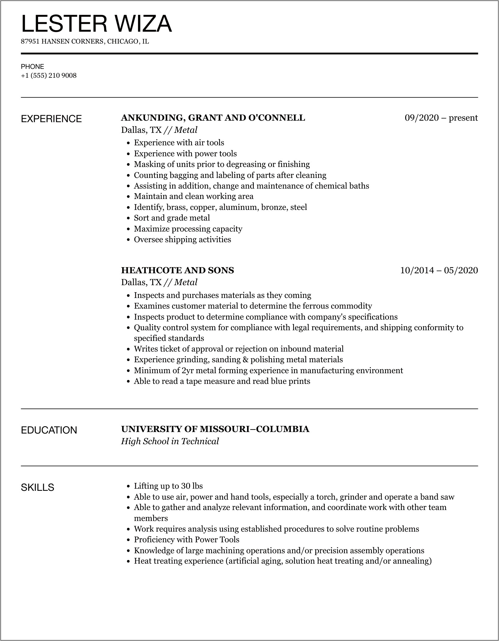 Sample Resume For Heat Trreater