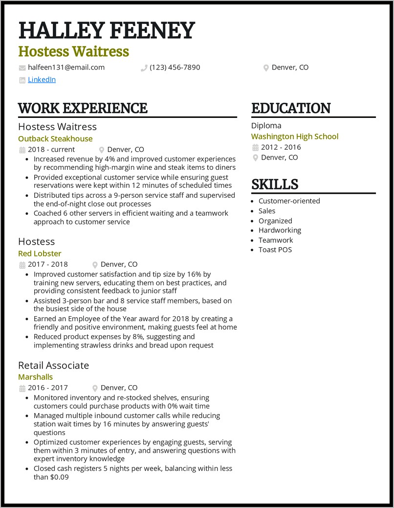 Sample Resume For Hotel Waitress