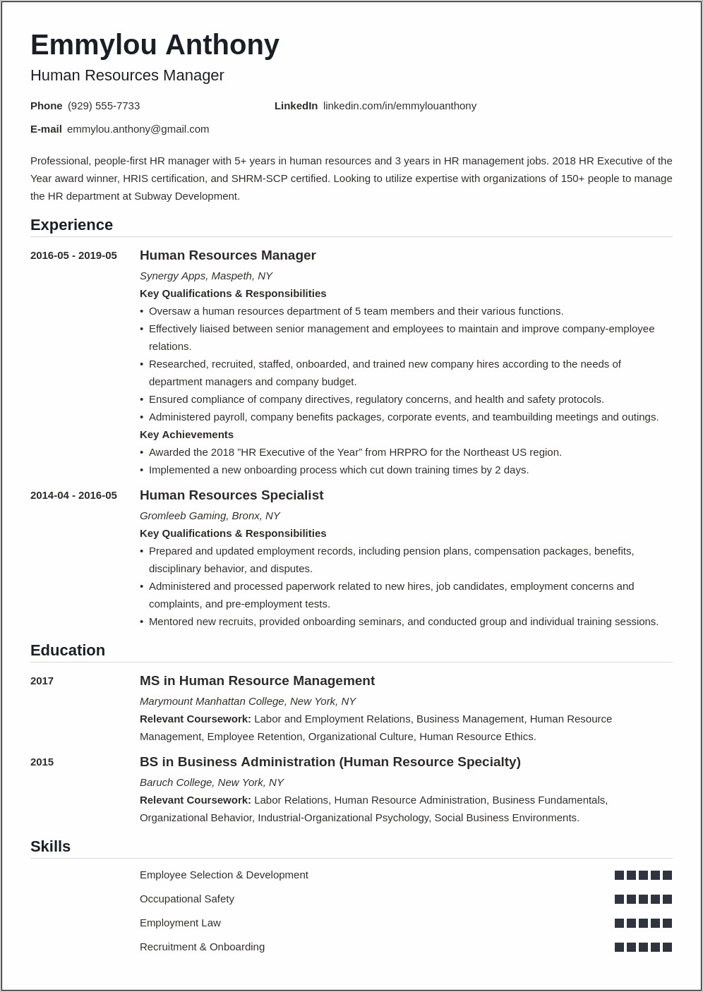 Sample Resume For Hr Position