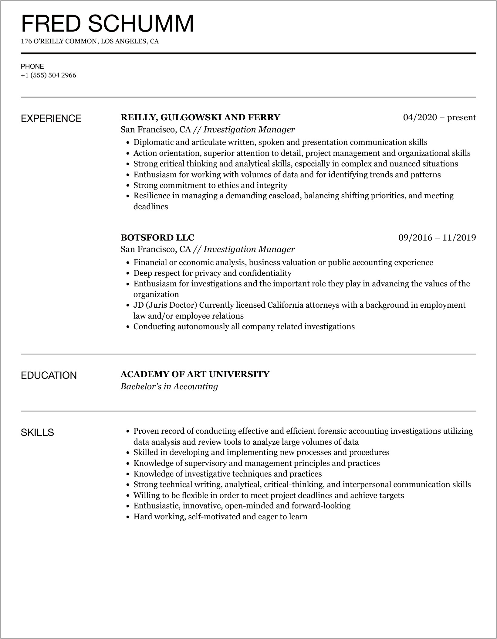 Sample Resume For Investigator Position