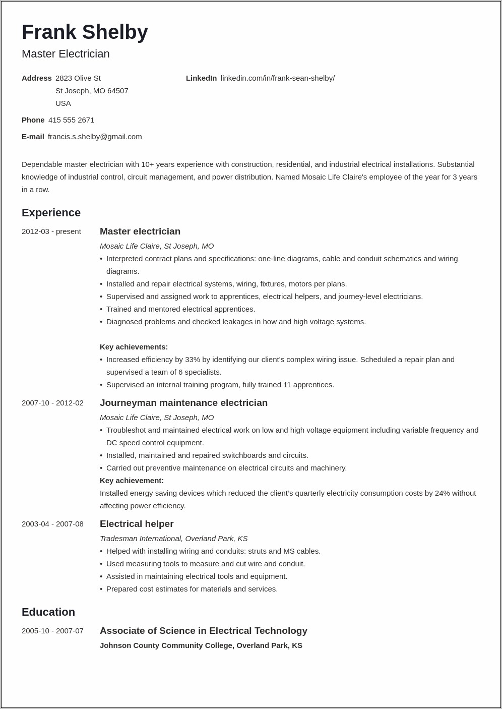 Sample Resume For Journeyman Glazier