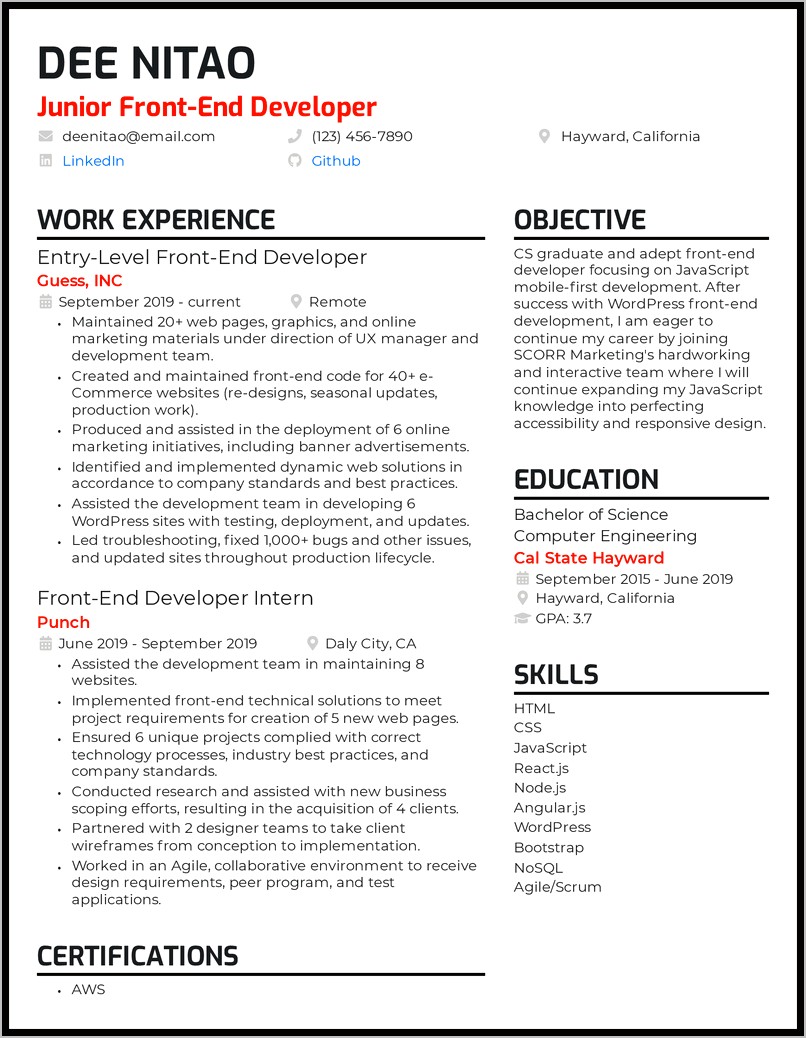 Sample Resume For Junior Developer