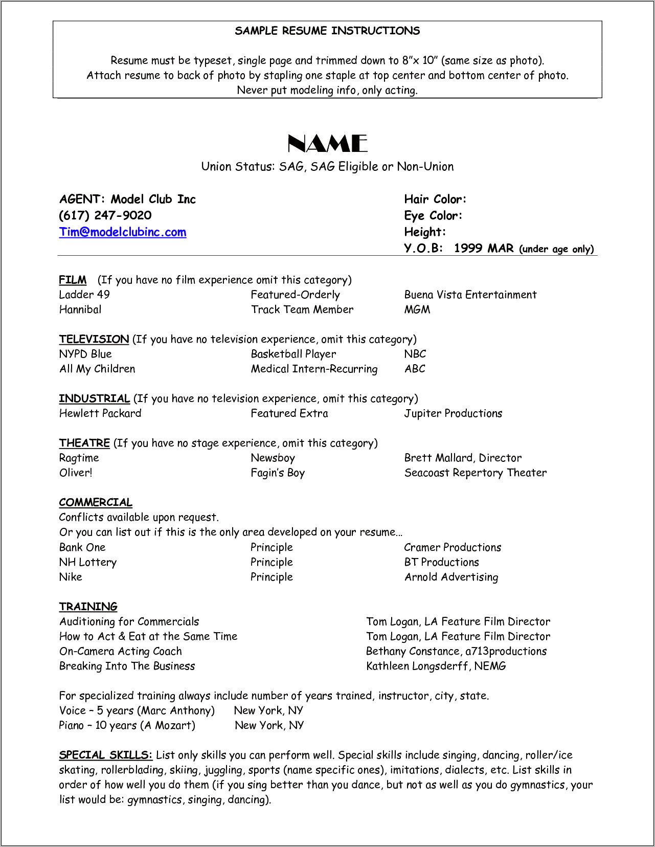 Sample Resume For Kid Models