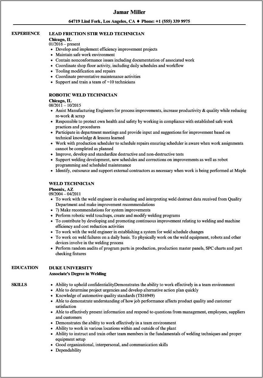 Sample Resume For Laser Technician