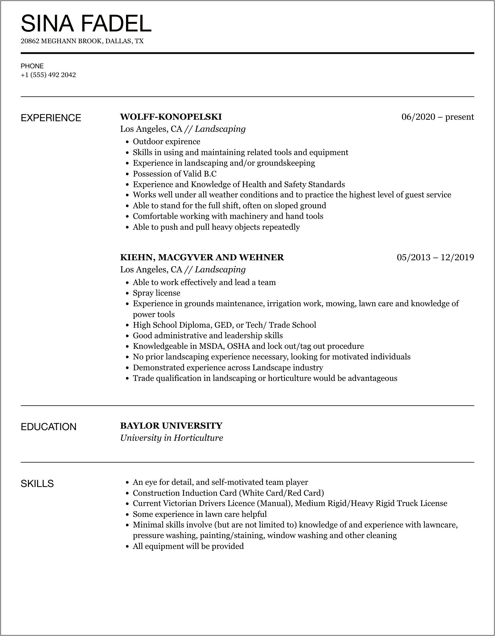 Sample Resume For Lawn Care