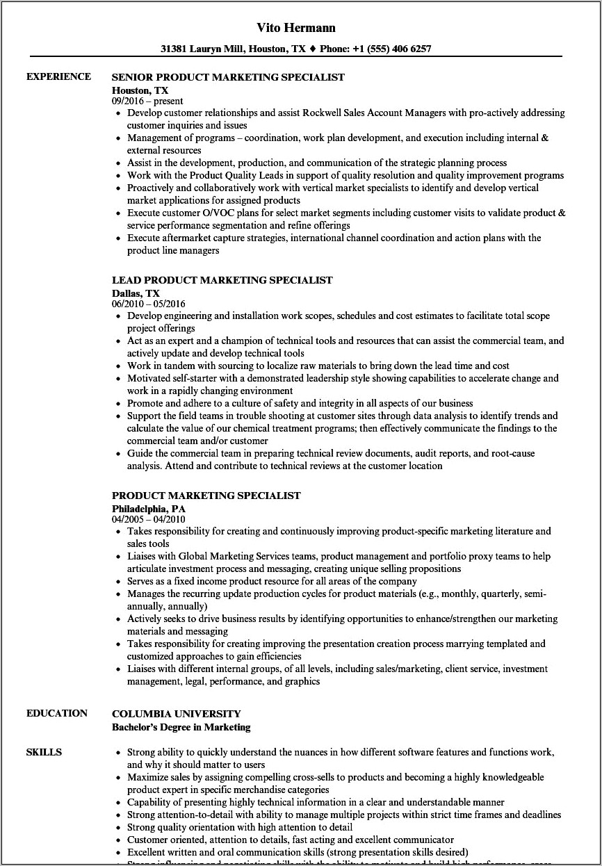 Sample Resume For Marketing Specialist