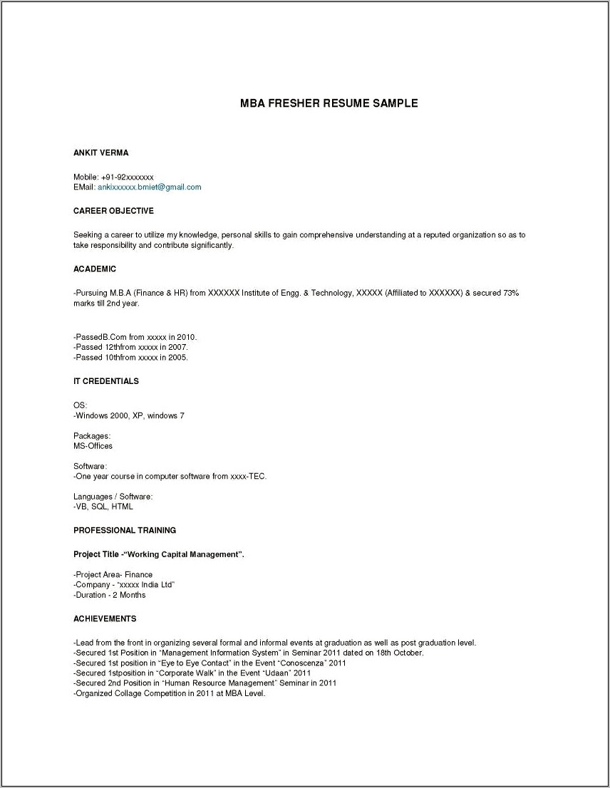 Sample Resume For Mba Freshers