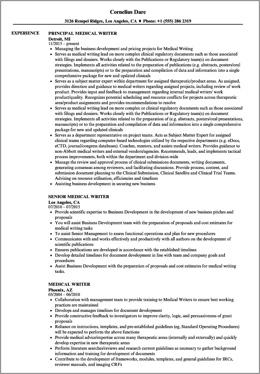 Sample Resume For Medical Writing