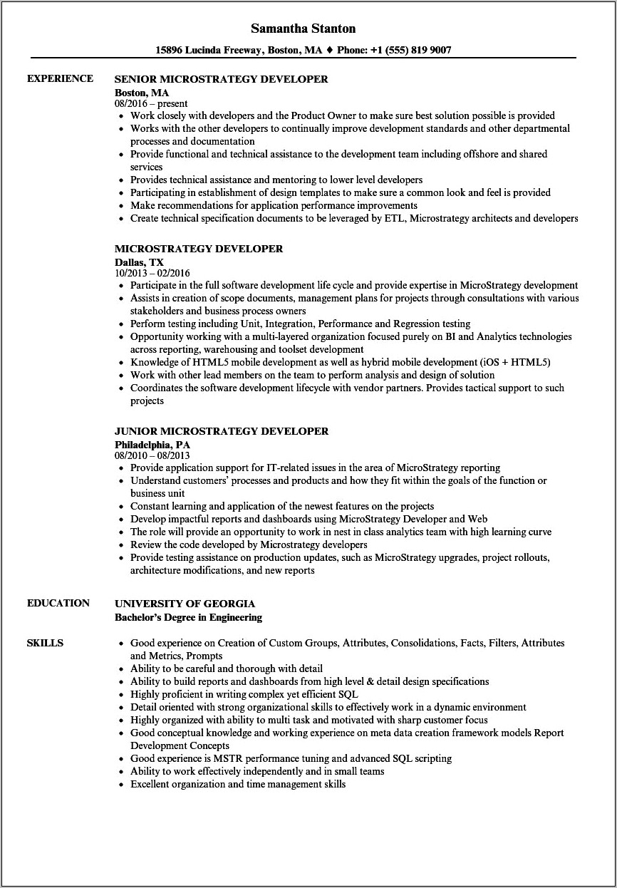 Sample Resume For Microstrategy Developer