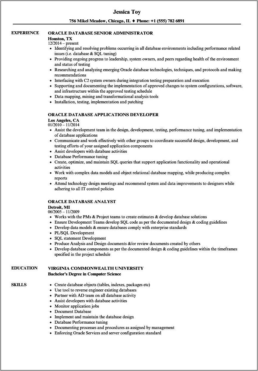 Sample Resume For Oca Certified