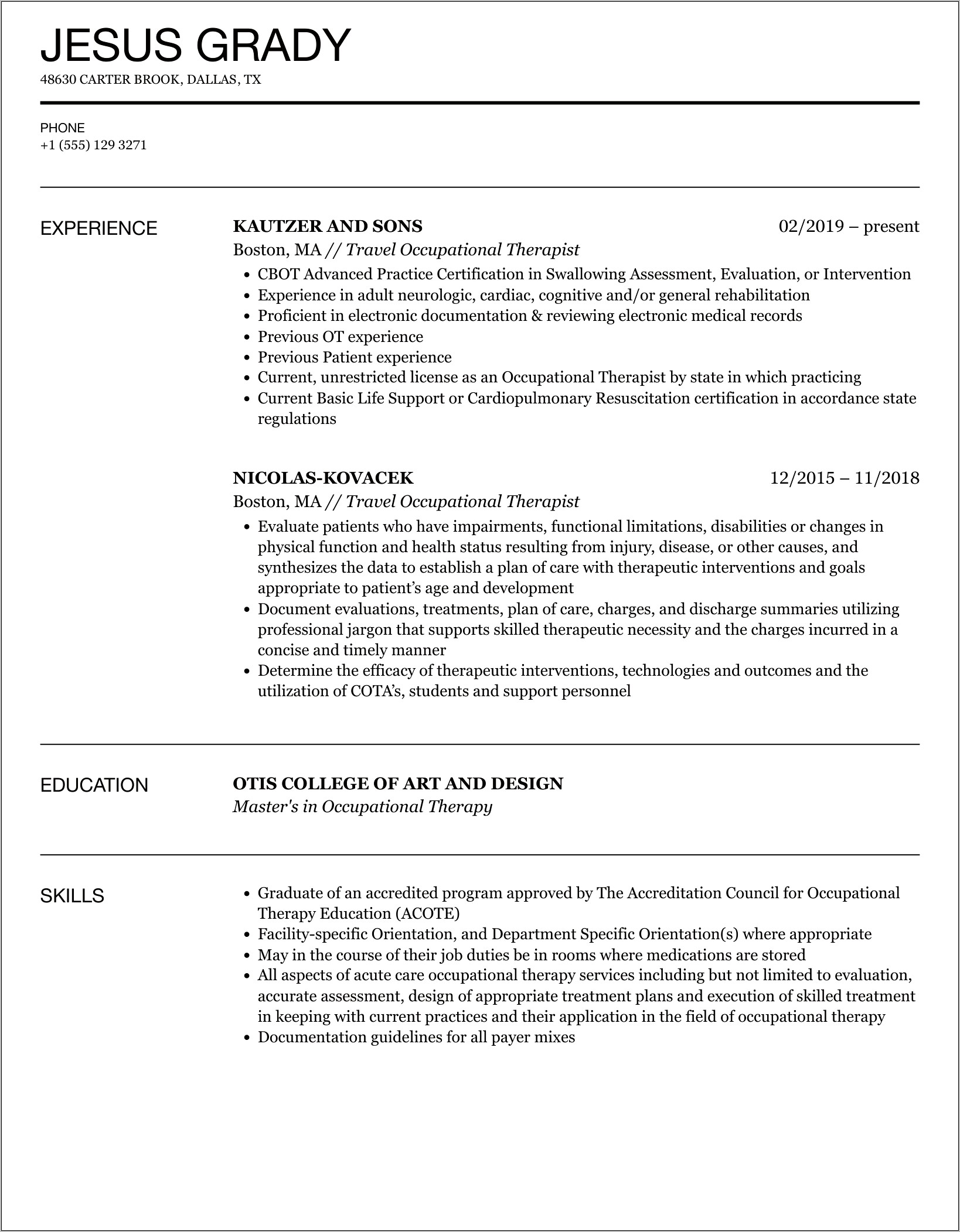 Sample Resume For Occupational Therapists