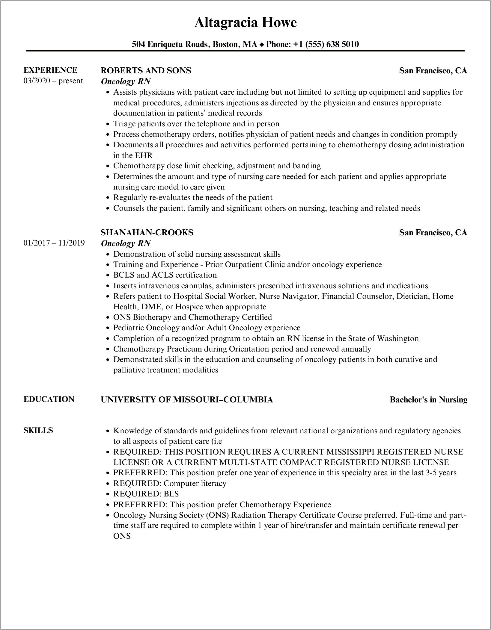 Sample Resume For Oncology Nurse