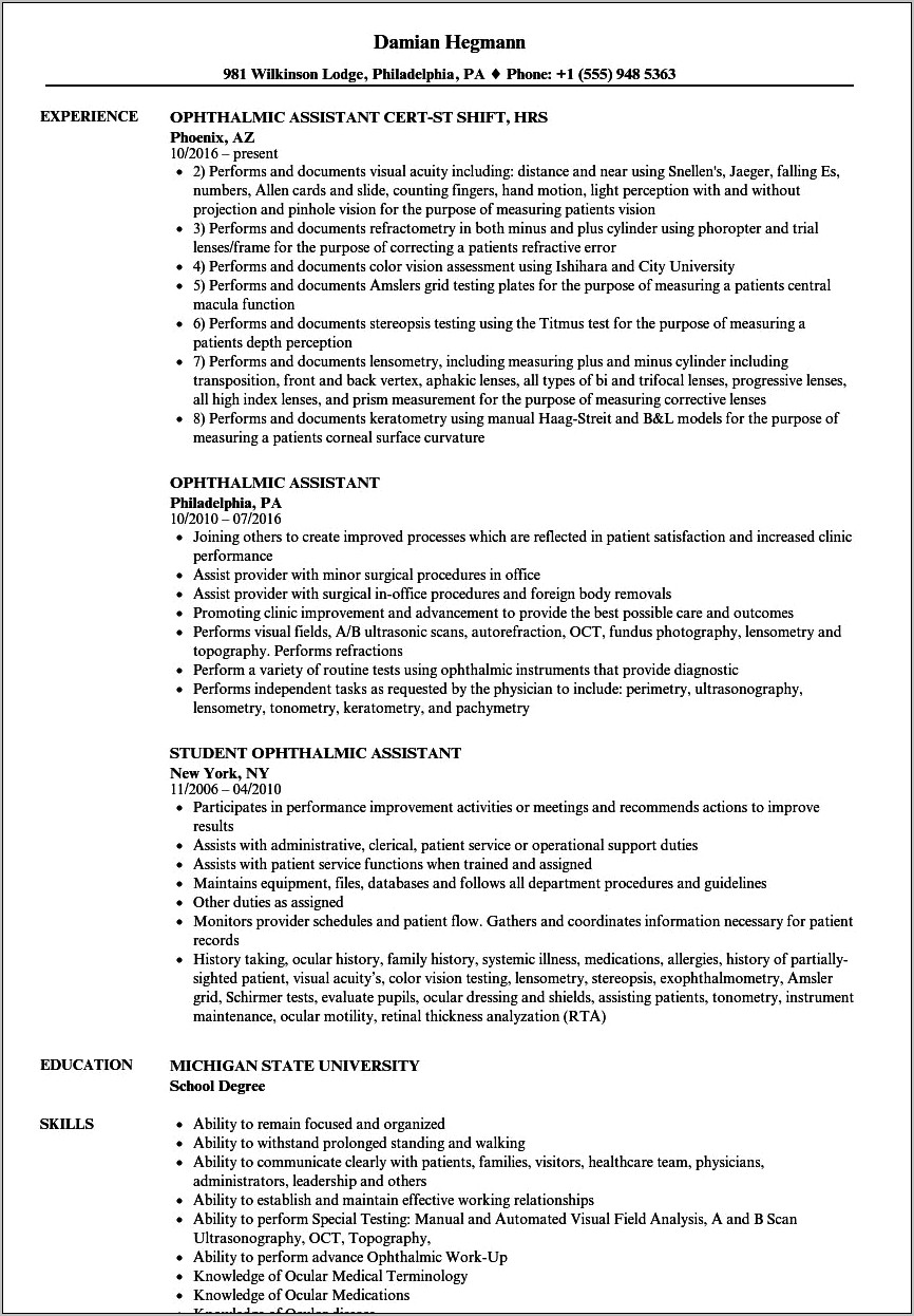 Sample Resume For Optician Assistant