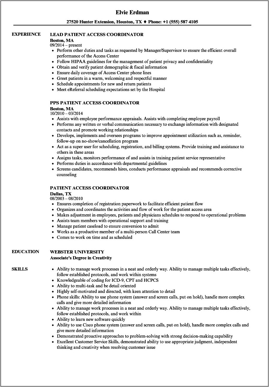 Sample Resume For Patient Coordinator