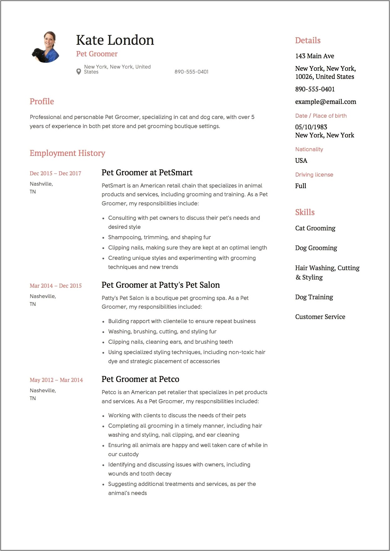 Sample Resume For Pet Care