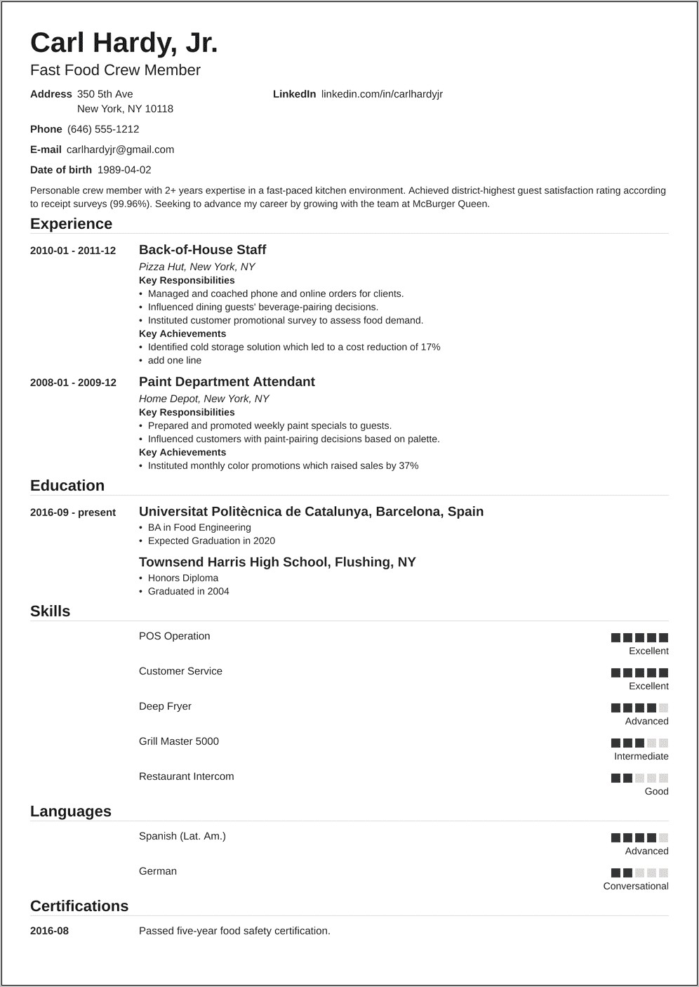 Sample Resume For Photography Job