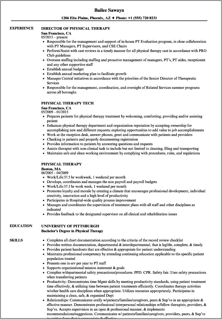 Sample Resume For Physical Therapists