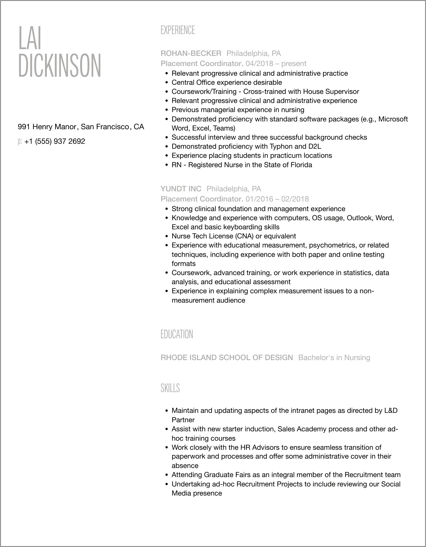 Sample Resume For Placement Coordinator