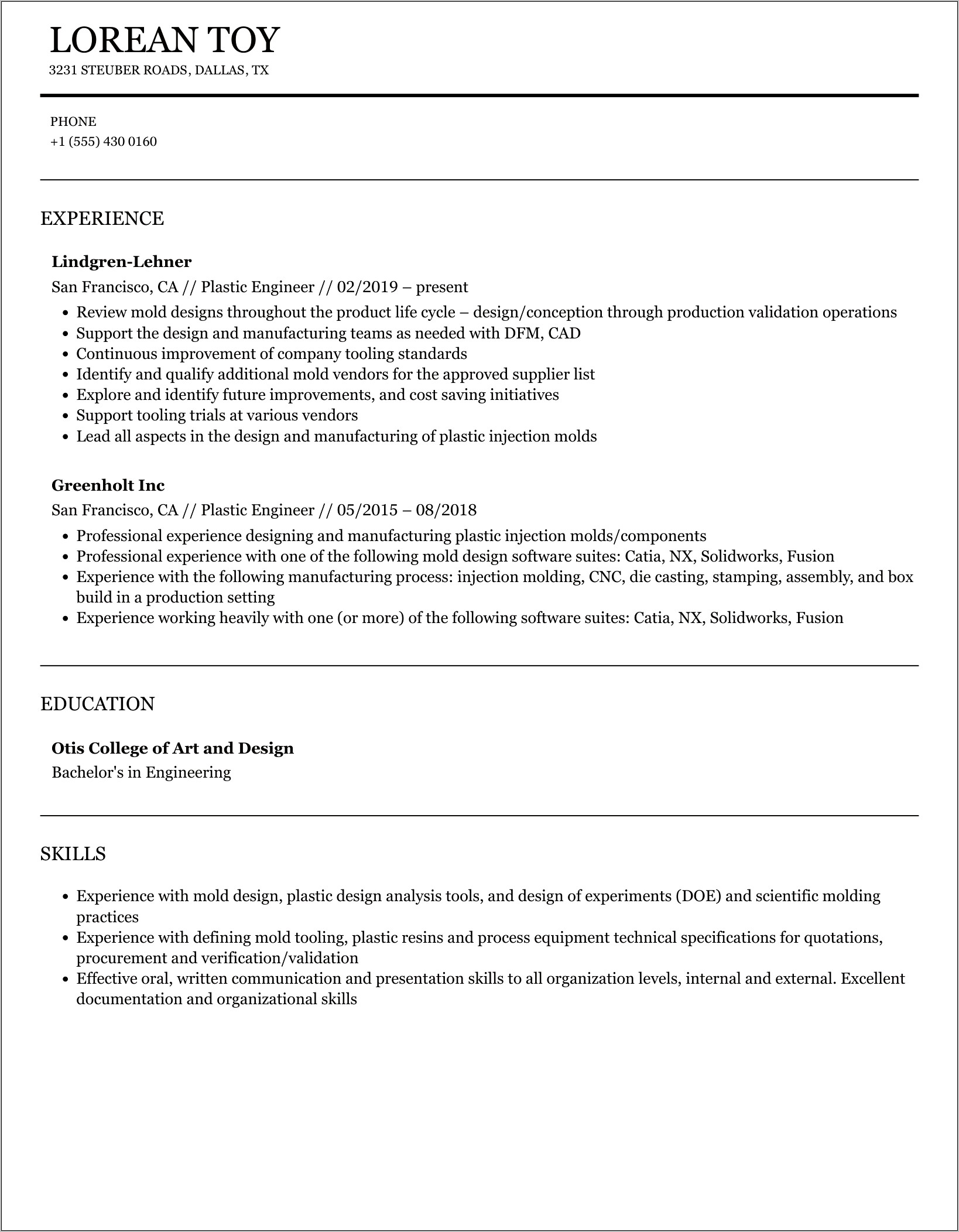 Sample Resume For Plastic Engineer