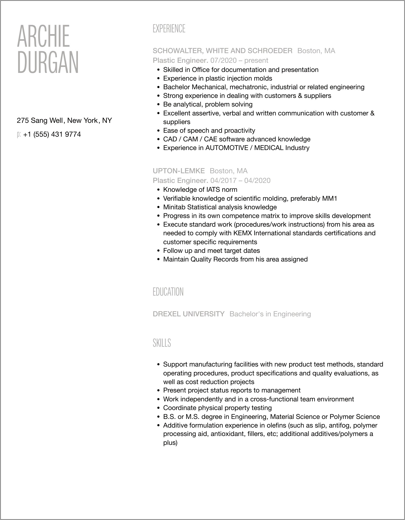 Sample Resume For Plastics Engineers