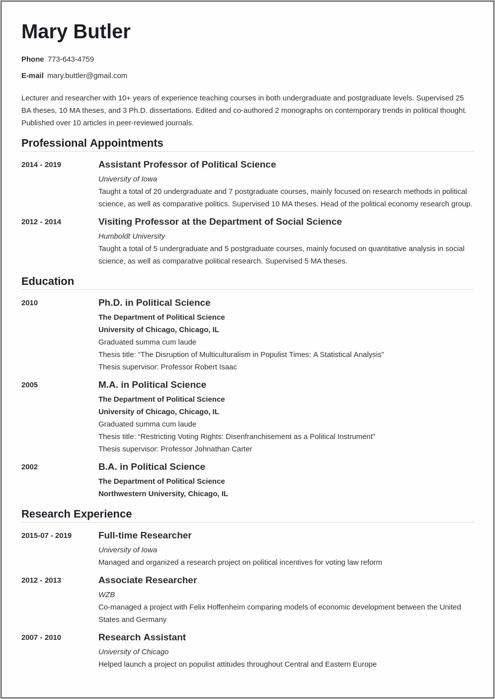 Sample Resume For Postdoctoral Position