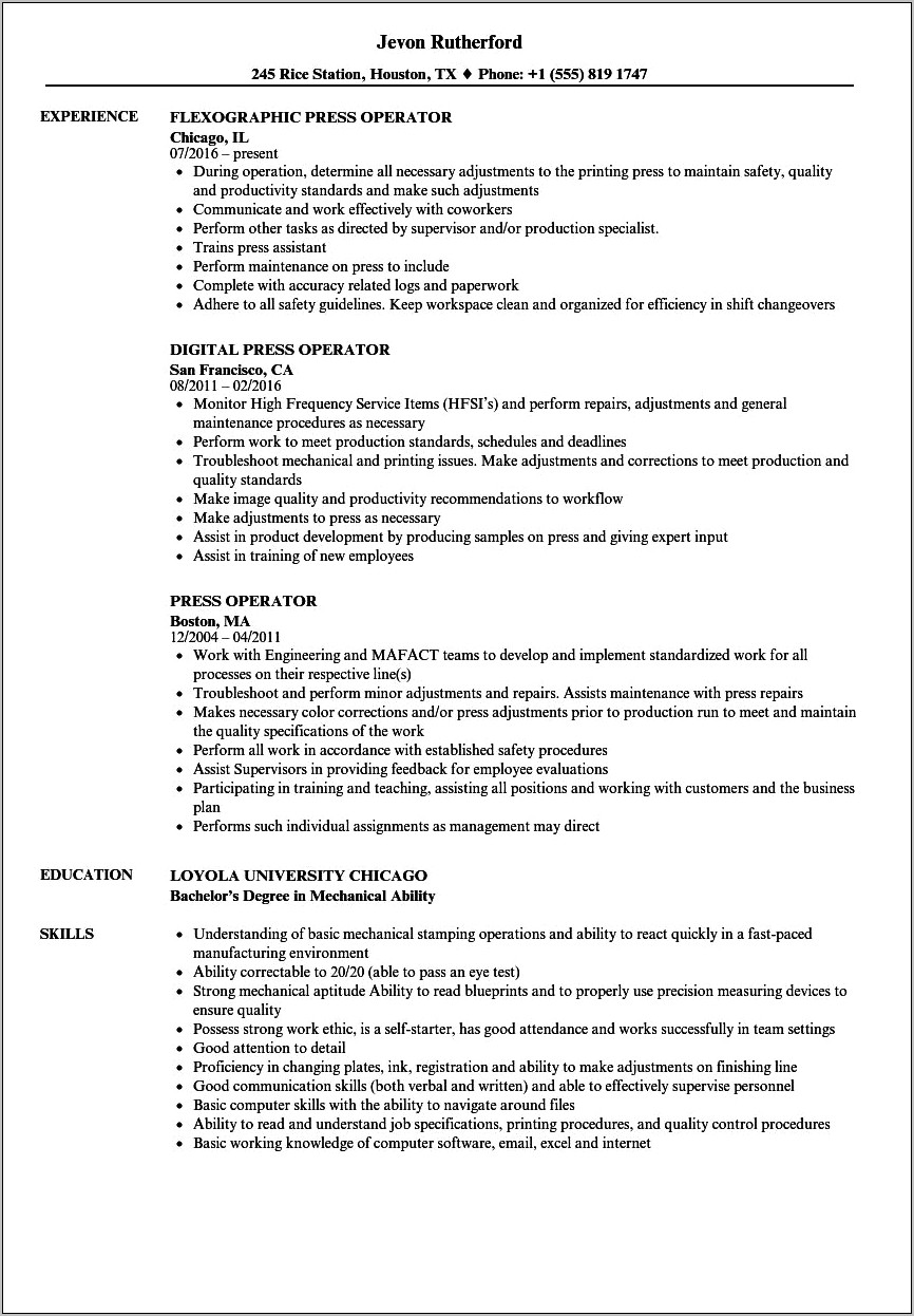 Sample Resume For Printer Operator