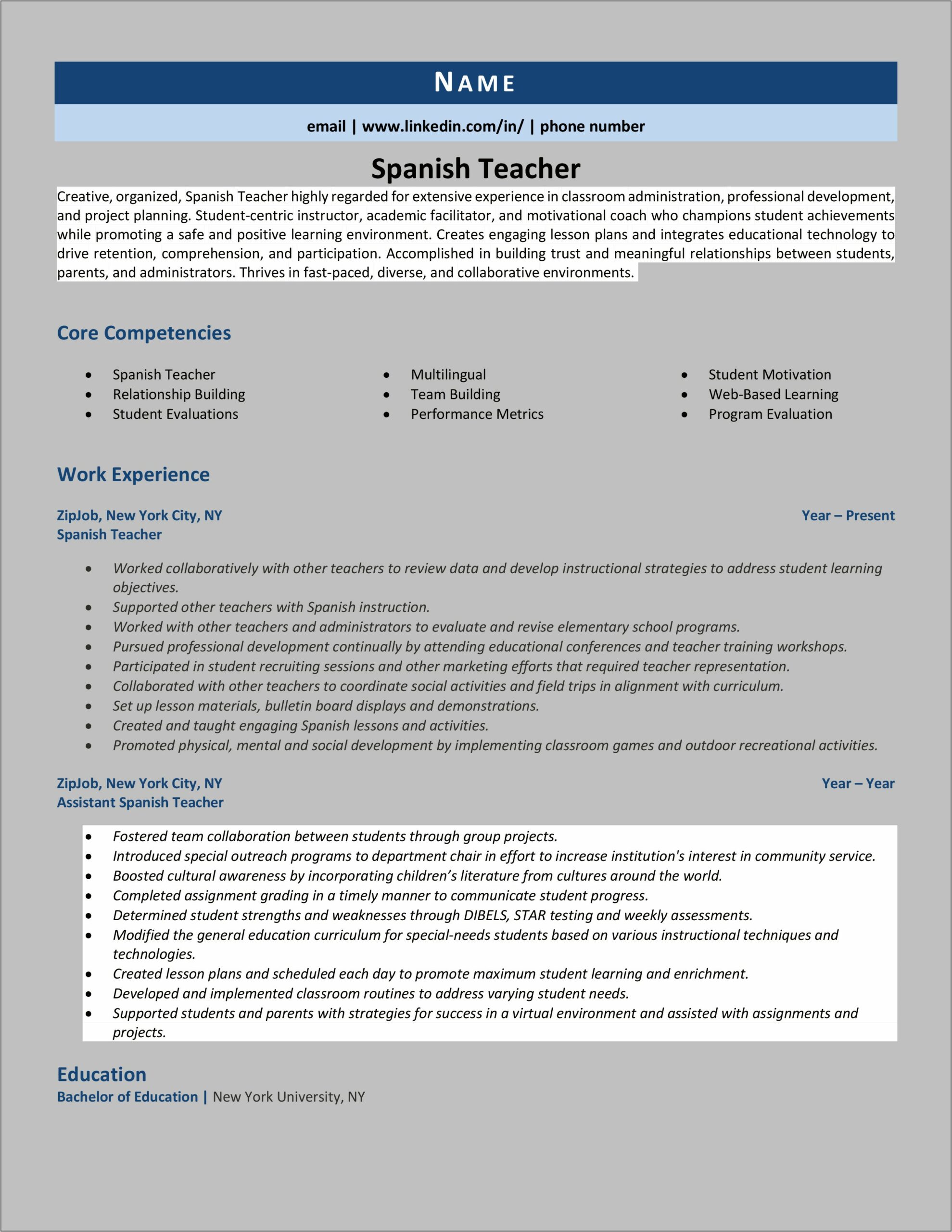 Sample Resume For Professional Teachers