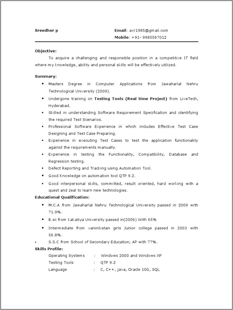 Sample Resume For Qa Fresher