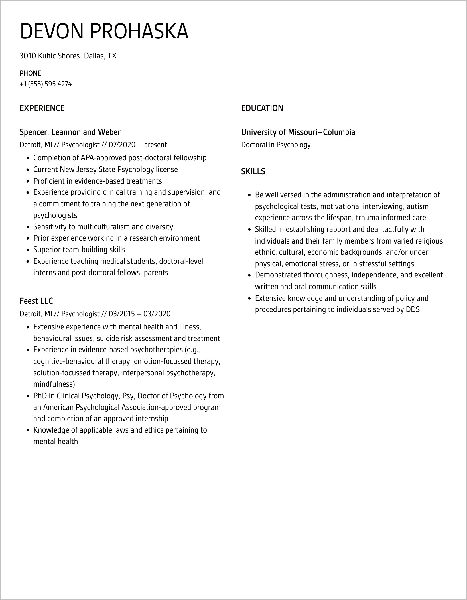 Sample Resume For Research Psychologist