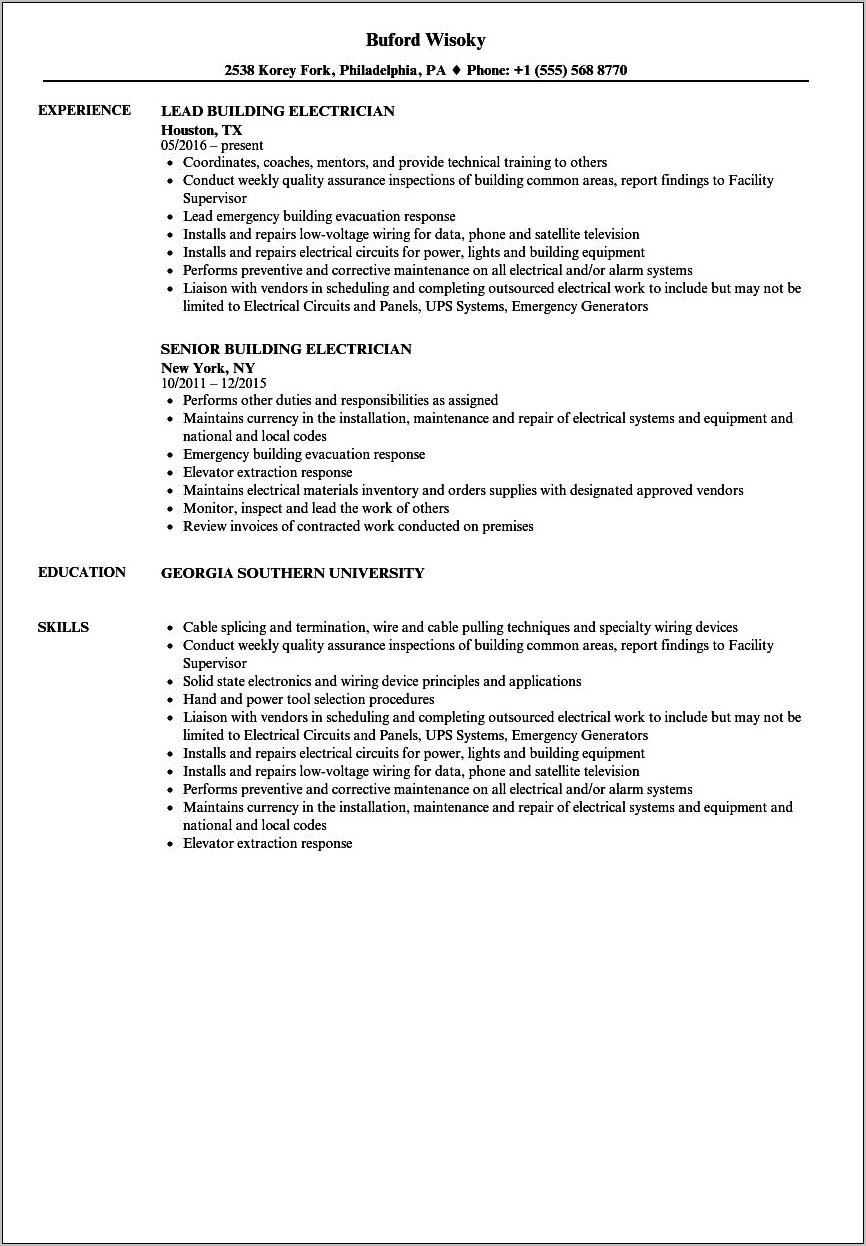 Sample Resume For Residential Electrician