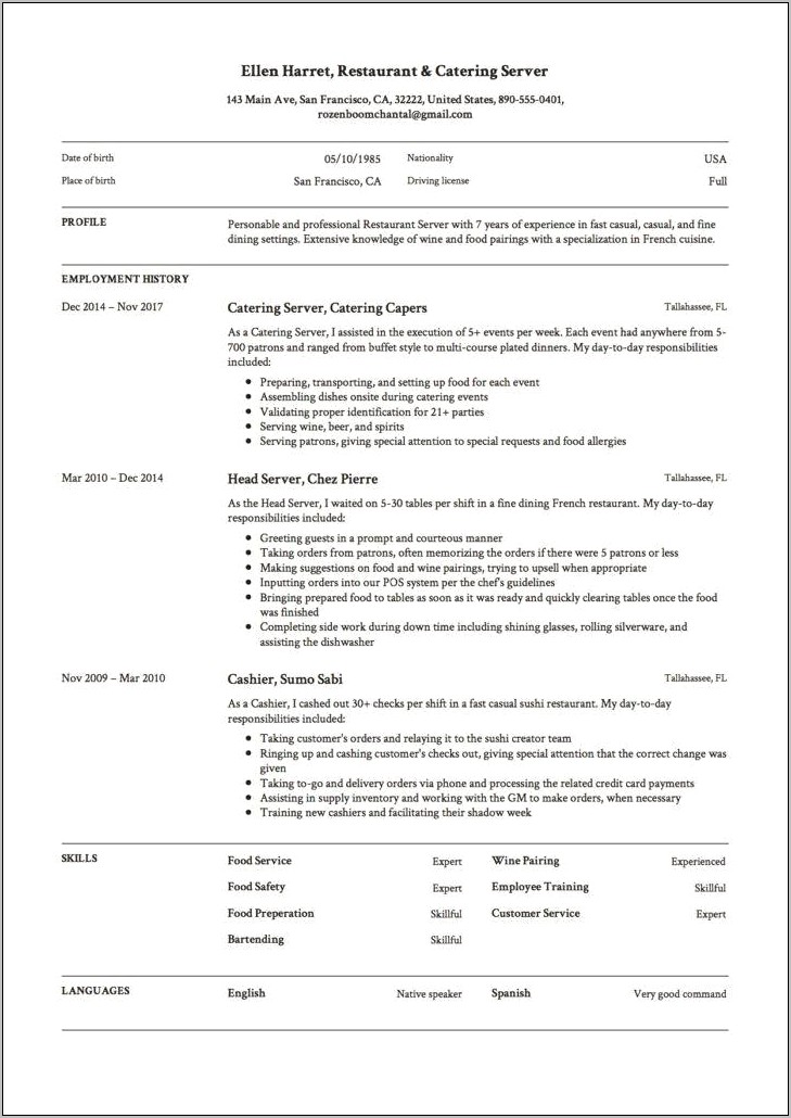 Sample Resume For Resturanrt Server