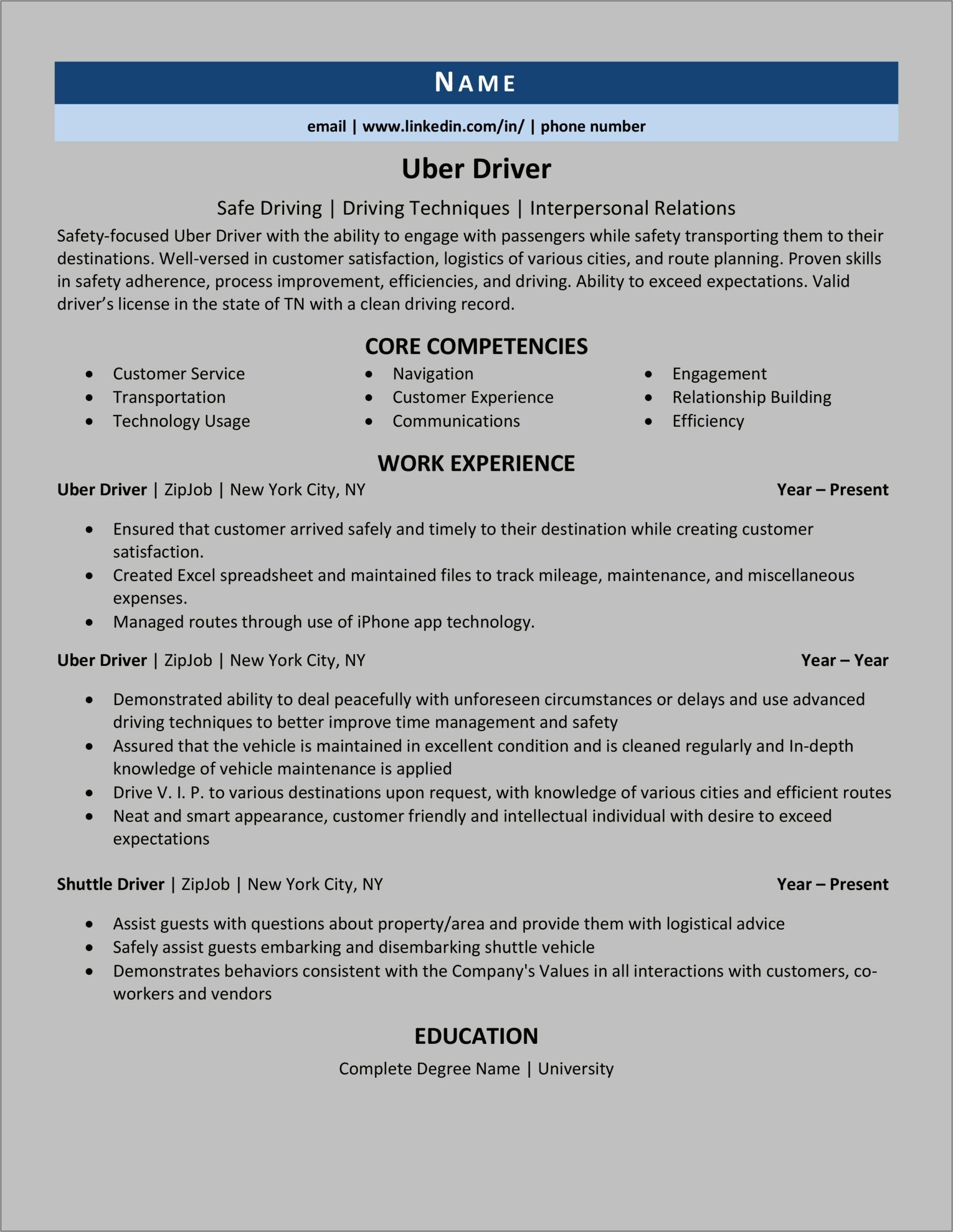 Sample Resume For Route Driver